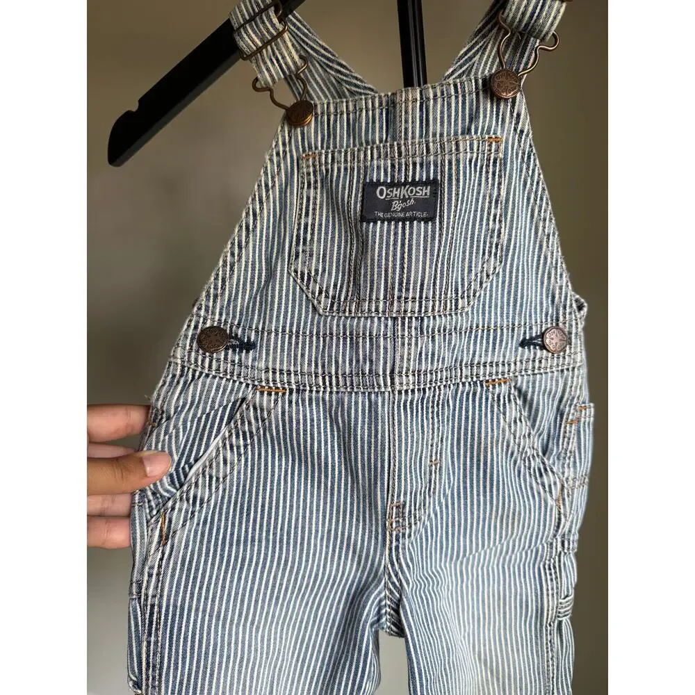 Vintage OshKosh B'Gosh 12M Hickory Stripe Overalls Railroad Denim Baby USA